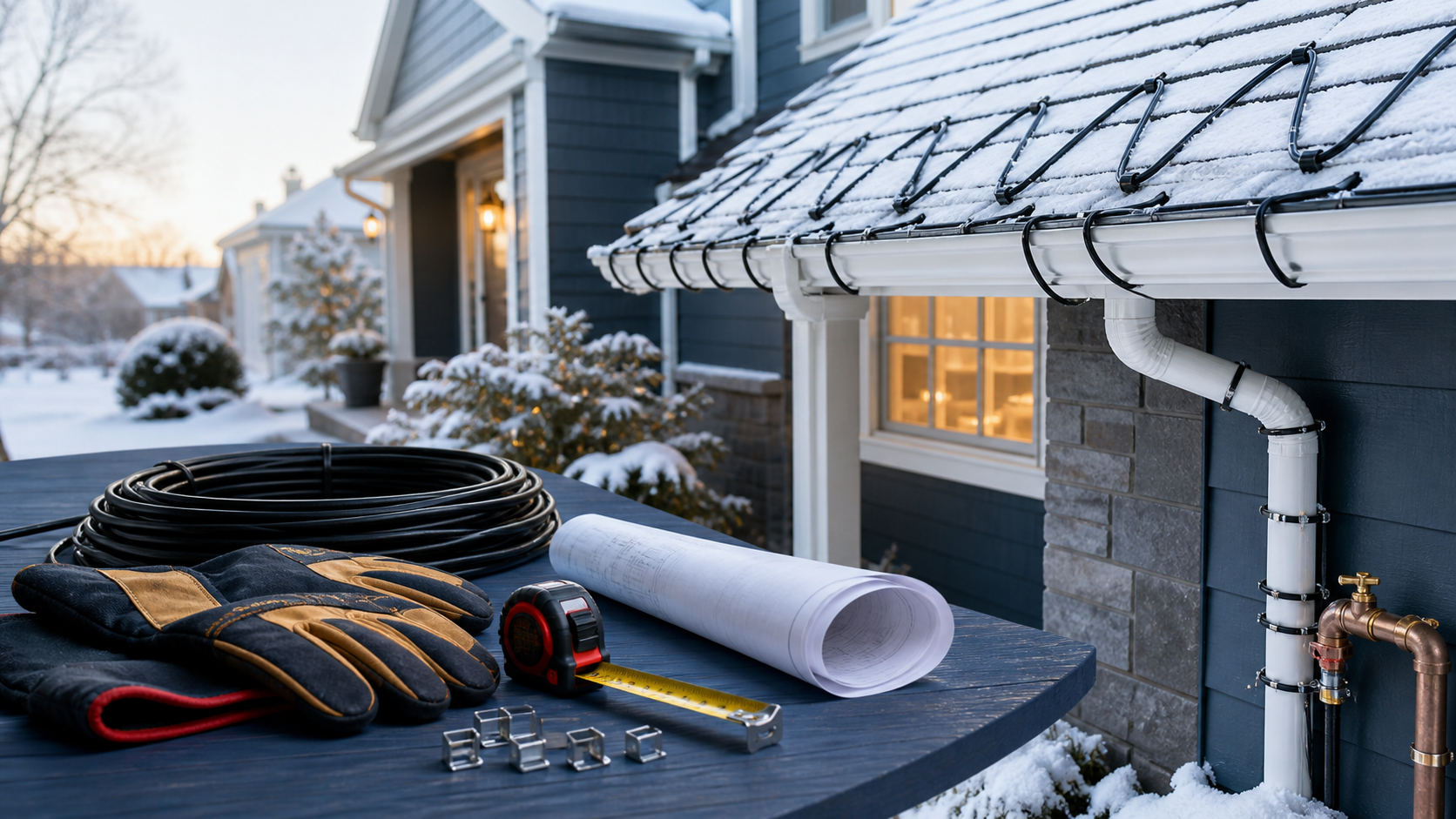 Winter home installation planning with heating cable, tools, roof, gutter, and exterior pipe