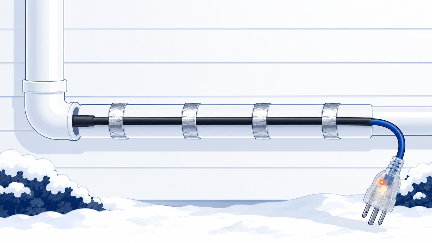 Pipe Freeze Protection Cable secured in a straight run along an exterior water pipe