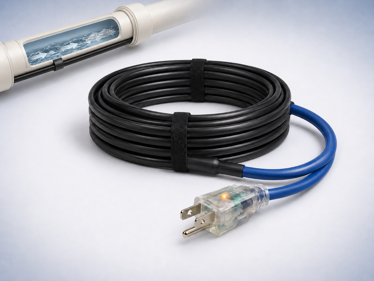 FRAVONEX Pipe Freeze Protection Cable with blue power cord and plug