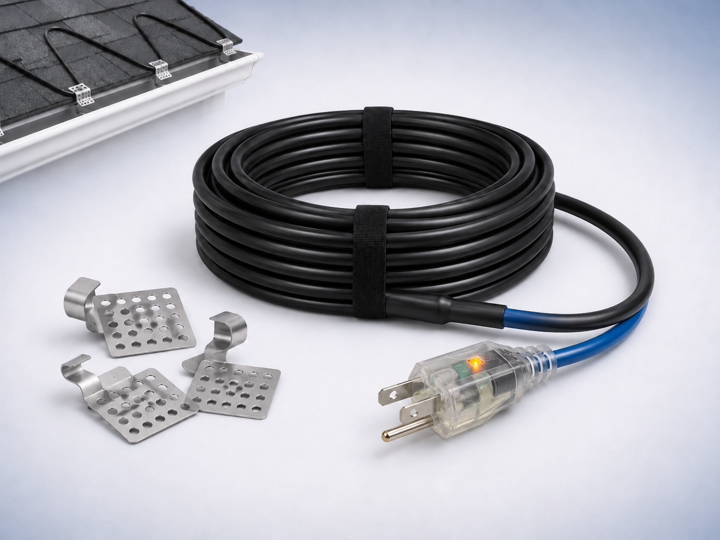FRAVONEX Roof De-icing Heating Cable with roof clips, blue power cord, and plug