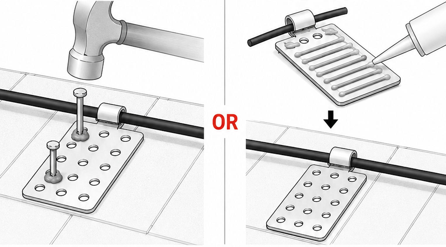 Two approved clip fixing methods: mechanical fasteners for an inclined asphalt-shingle roof and roof-rated adhesive for a metal or plastic gutter
