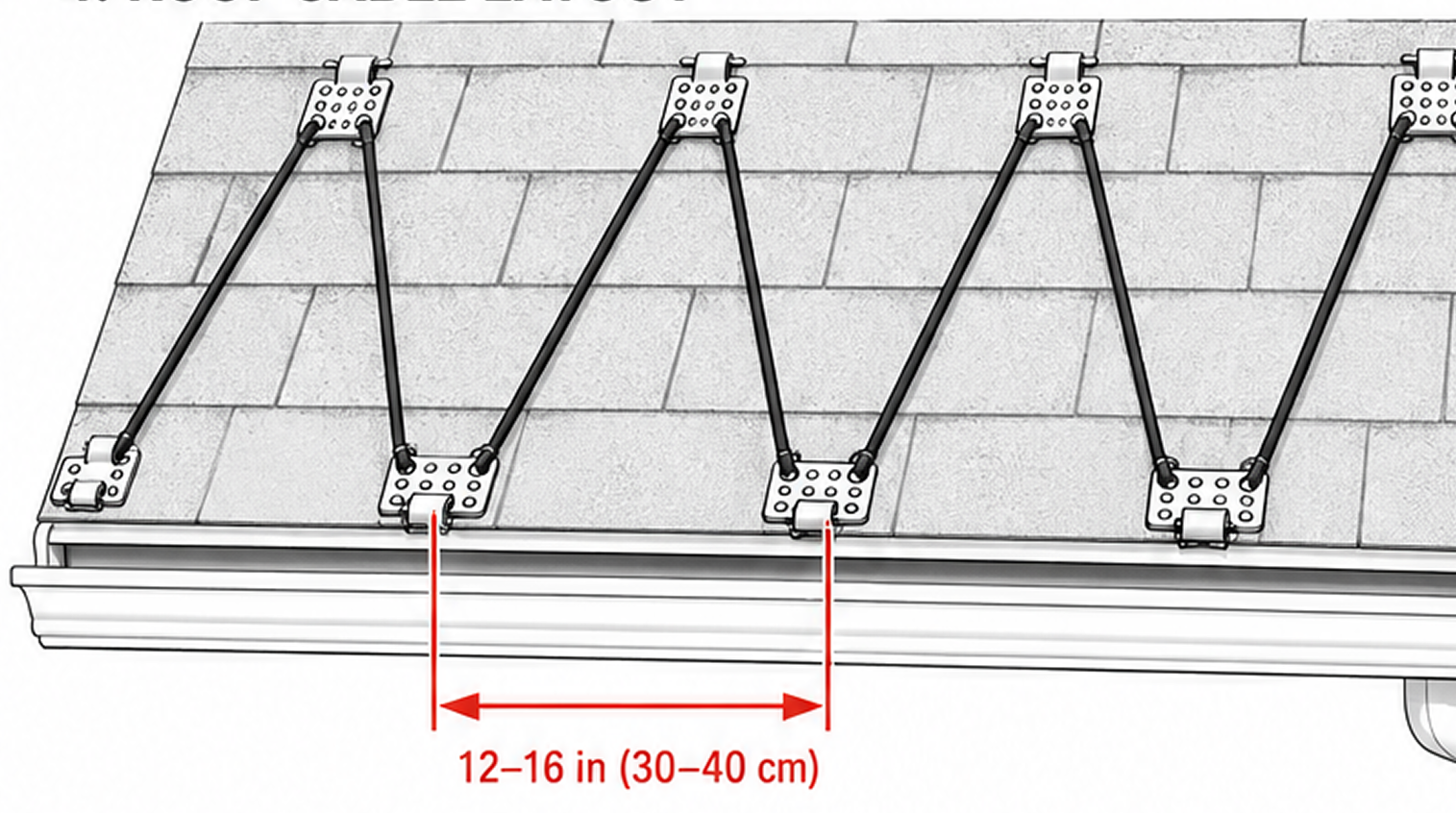 Roof clips secured at every peak and base of a cable zigzag, spaced about 12 to 16 inches apart