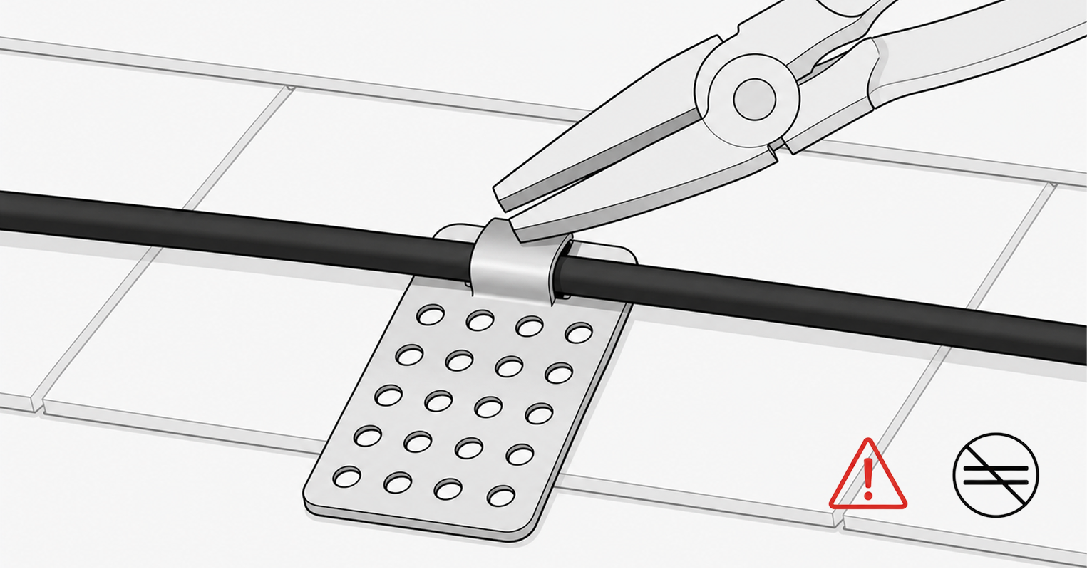 Flat-nose pliers closing a metal cable clip around the black heating cable without crushing its jacket