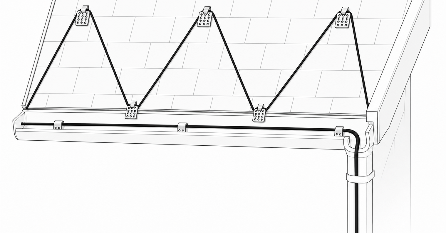 Heating cable following a roof-edge zigzag, running once along the gutter, and continuing to the bottom of the downspout