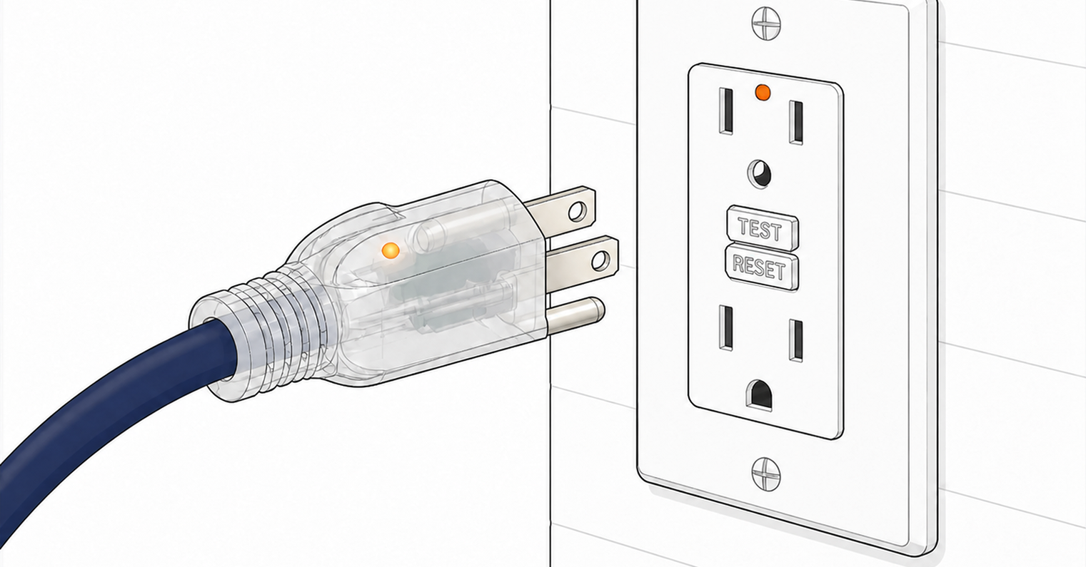 Translucent indicator plug with blue power cord being connected to a grounded GFCI-protected 120-volt outlet